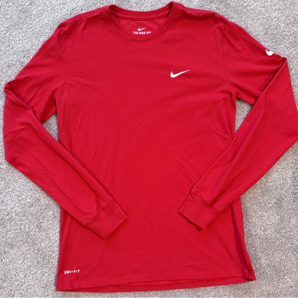 NWOT Nike Men's Cherry Red & White "The Nike Tee" LS Athletic Dri-Fit Shirt, M